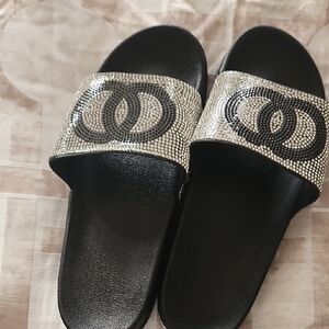 Black Slide Sandals with Silver Crystal Strap